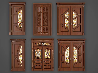 Wooden Double Doors In Various Styles With Stained Glass And Carved Details 3d model