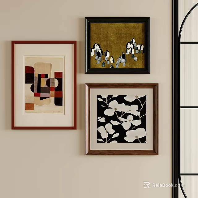 Abstract Paintings Wall Decor With Red Black Brown Frames Geometric Floral Patterns Gold Background 3d model