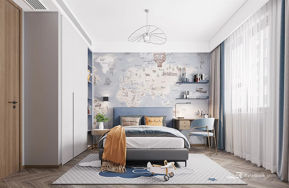 Modern Kids Room Interior With World Map Wallpaper Bed Desk Bookshelves And Toy Car 3d model 