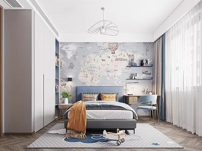 Modern Kids Room Interior With World Map Wallpaper Bed Desk Bookshelves And Toy Car 3d model