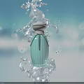 Elegant Perfume Bottle With Ribbed Design Splashing Water On Light Blue Background