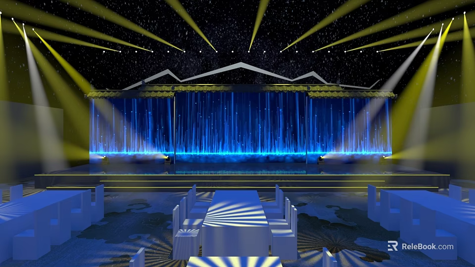 Starry Sky Themed Stage Design With Yellow Spotlights And Blue Curtains 3d model 