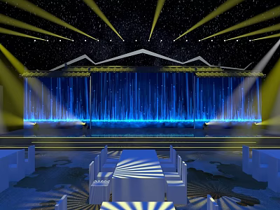 Starry Sky Themed Stage Design With Yellow Spotlights And Blue Curtains 3d model