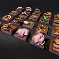 Raw Chicken and Various Food Items Displayed on Wooden Trays