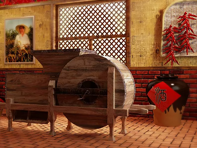 Traditional Agricultural Equipment Stone Mill With Wooden Structure And Rustic Farm Decor 3d model