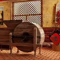 Traditional Agricultural Equipment Stone Mill With Wooden Structure And Rustic Farm Decor