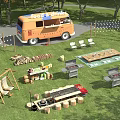 Scenic Camping Site with Food Drinks Truck Grill Swing and Green Lawn Under Lush Trees