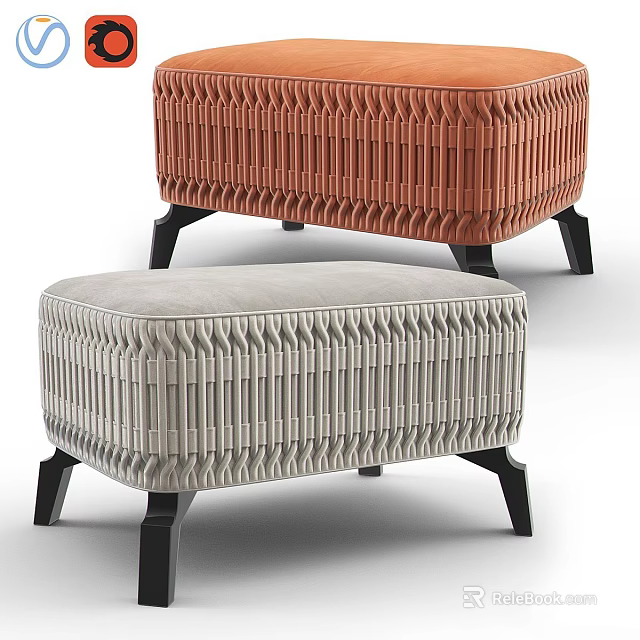 Modern Tufted Ottoman With Light Gray And Orange Fabric And Black Legs 3d model 