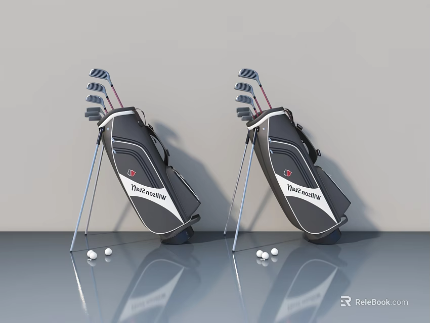 Titleist Golf Bags With Stand And Golf Balls On Gray Floor With Reflection 3d model 