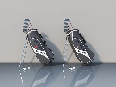 Titleist Golf Bags With Stand And Golf Balls On Gray Floor With Reflection 3d model