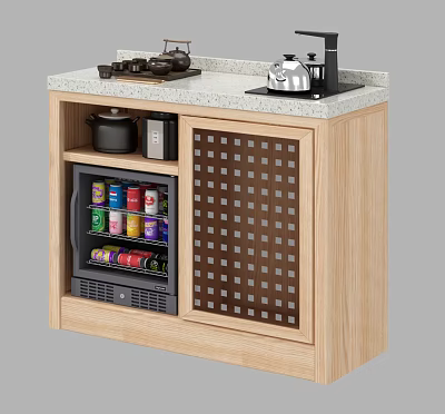 Wooden Sideboard with Countertop Tea Set Kettle Mini Fridge Beverage Cans and Lattice Door 3d model