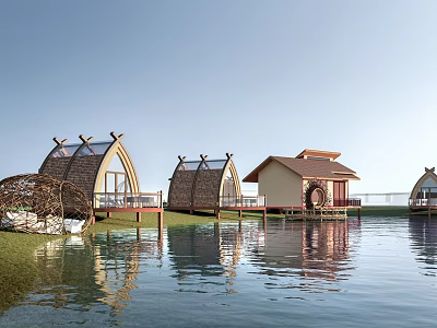 Scenic Traditional Ancient Huts by Water with Thatched Roofs Verandas and Water Reflections 3d model