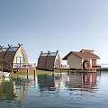 Scenic Traditional Ancient Huts by Water with Thatched Roofs Verandas and Water Reflections