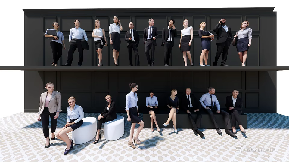 Group Of Business People Gathering Outside Modern Building 3d model 