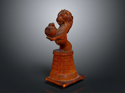 Wooden Lion Head Carving Display With Front Paws Holding Ball And Brick Base Stand 3d model