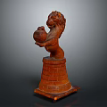 Wooden Lion Head Carving Display With Front Paws Holding Ball And Brick Base Stand