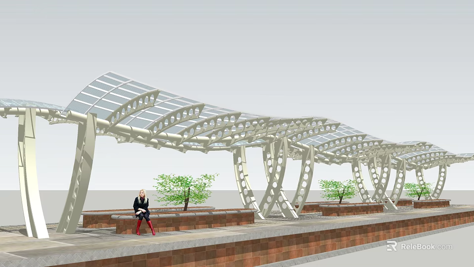 Tension Membrane Structure Design For Outdoor Walkway With Steel Supports And Green Plants 3d model 