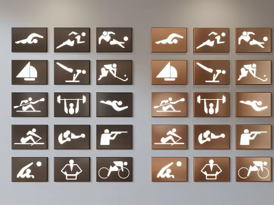 Sports Themed Signage Featuring Various White Sport Icons on Dark Brown Backgrounds Mounted on Wall 3d model