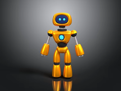 3D Yellow Robot Figure With Blue Eyes Circular Center Silver Limbs And Black Background Reflection 3d model