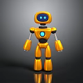 3D Yellow Robot Figure With Blue Eyes Circular Center Silver Limbs And Black Background Reflection