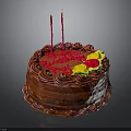 Chocolate Birthday Cake With Red Cream Decoration Two Red Candles And Yellow Red Flowers