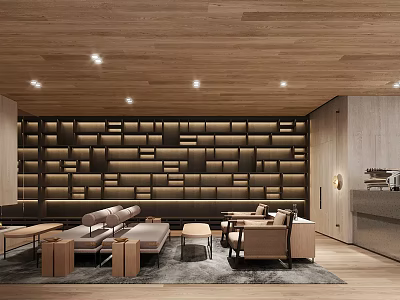 Modern Cafe Interior Design With Wooden Ceiling Bookshelf Wall And Comfortable Seating 3d model