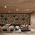 Modern Cafe Interior Design With Wooden Ceiling Bookshelf Wall And Comfortable Seating 3d model