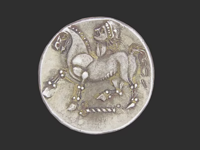 Intricate Silver Circular Jewelry Ornament With Engraved Horse Rider Relief Design 3d model