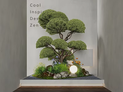 Zen Indoor Landscape With Bonsai Tree Grass Stones Soft Light And Gray Wall Background 3d model