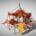 Traditional Decorative Tent with Red and White Fabric Wooden Platform and Ornamental Fringes