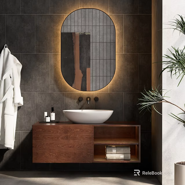 Modern Bathroom Interior With Dark Tile Wall Backlit Oval Mirror Wooden Cabinet And White Basin 3d model 
