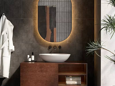 Modern Bathroom Interior With Dark Tile Wall Backlit Oval Mirror Wooden Cabinet And White Basin 3d model