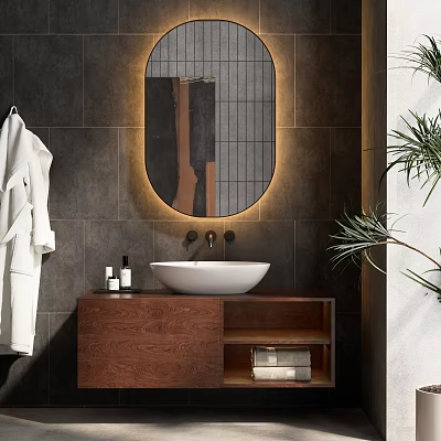 Modern Bathroom Interior With Dark Tile Wall Backlit Oval Mirror Wooden Cabinet And White Basin 3d model