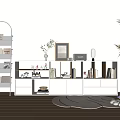 White Minimalist Decorative Cabinet In Interior With Bookshelf Potted Plant And Picture Frame