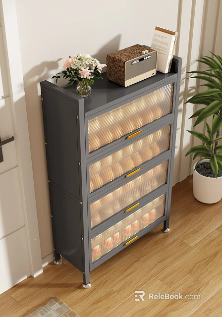 Modern Grey Shoe Cabinet With Multi Drawer Design And Transparent Mesh Doors 3d model 