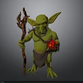 3D Fantasy Goblin Character With Green Skin Holding Trident Staff And Red Object