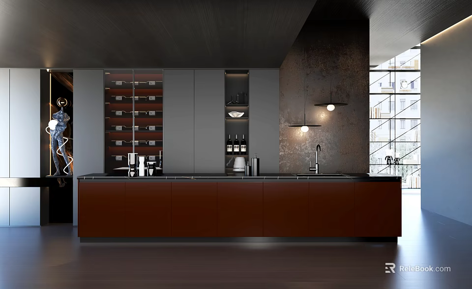 Modern Open Kitchen Interior Design With Dark Cabinets Wine Storage And Marble Countertop 3d model