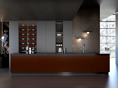 Modern Open Kitchen Interior Design With Dark Cabinets Wine Storage And Marble Countertop 3d model