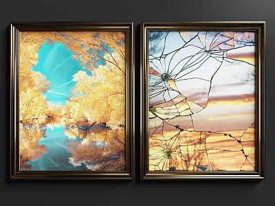 Framed Landscape Paintings With Golden Trees Reflection Blue Sky And Cracked Glass Sunset Scene 3d model