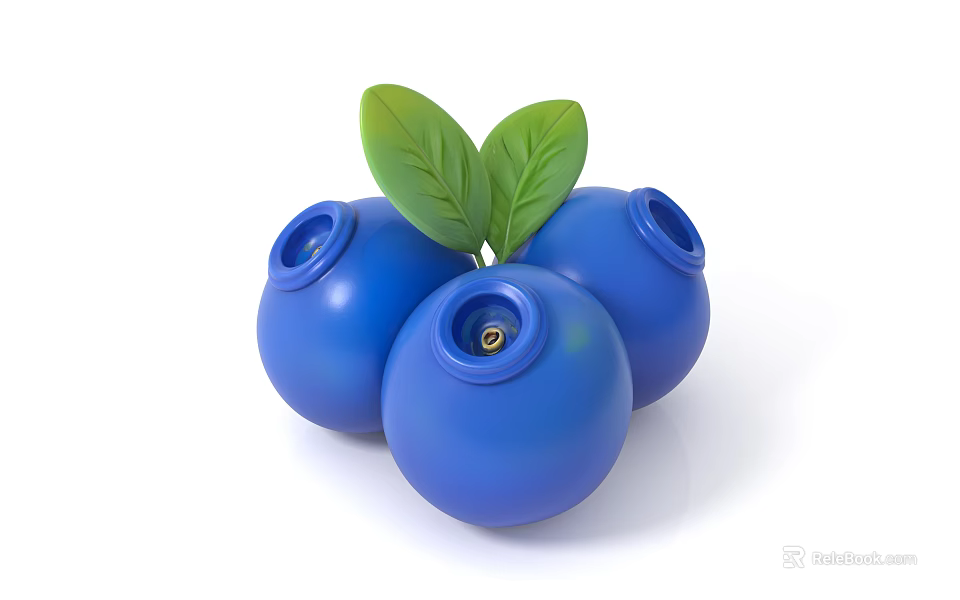 Three Fresh Blueberries With Vibrant Blue Color And Green Leaves On Top 3d model 