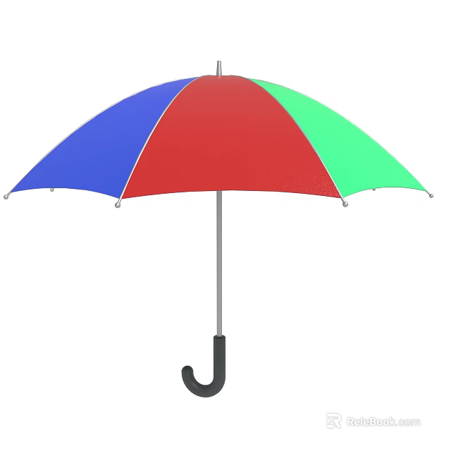 Colorful Red Blue Green Umbrella With Black Curved Handle And Open Canopy 3d model 