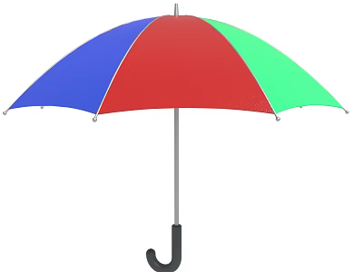 Colorful Red Blue Green Umbrella With Black Curved Handle And Open Canopy 3d model
