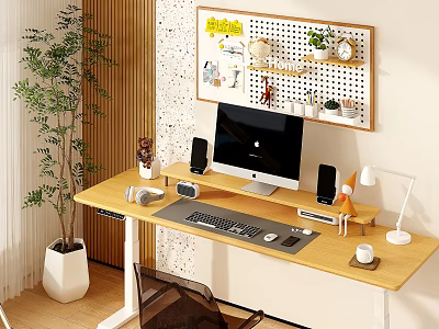 Desk Workspace With Computer Monitor Keyboard Mouse Desk Lamp Potted Plant And Wall Pegboard 3d model