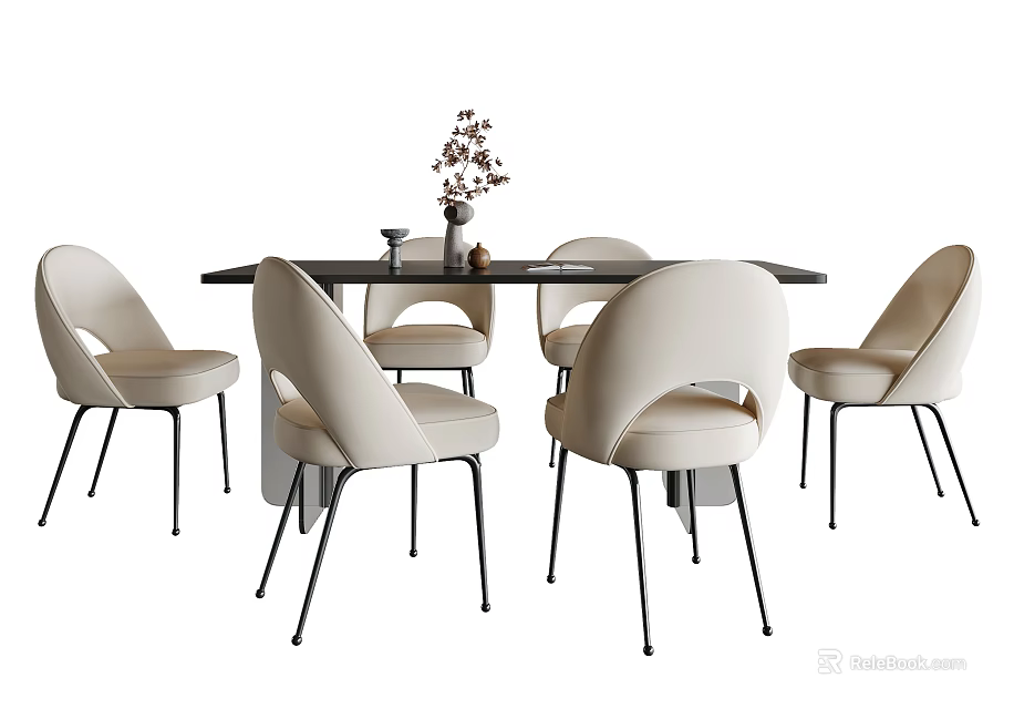 Modern Dining Table Set With Beige Chairs Black Tabletop And Metal Legs 3d model