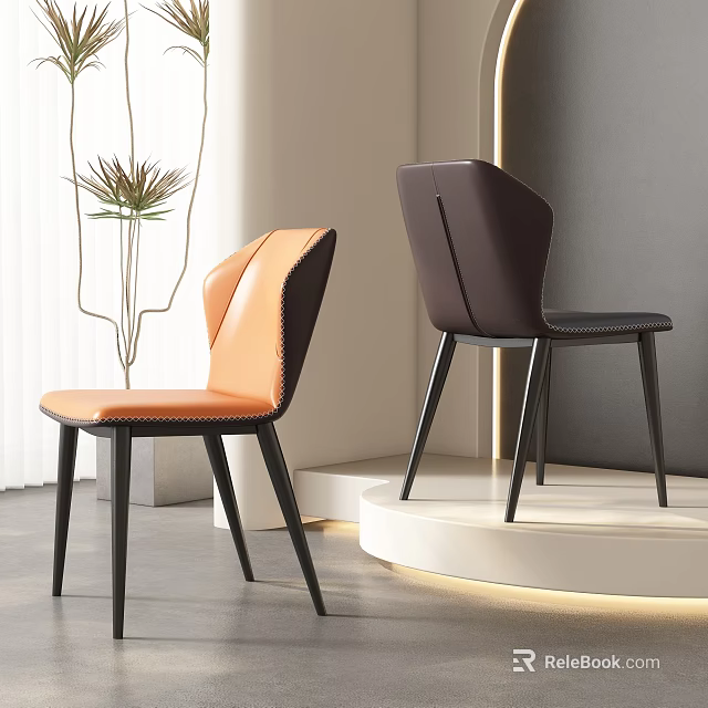 Modern Orange and Chocolate Brown Leather Dining Chairs with Slender Black Legs and Curved Backrests 3d model 