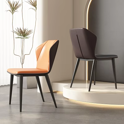 Modern Orange and Chocolate Brown Leather Dining Chairs with Slender Black Legs and Curved Backrests 3d model