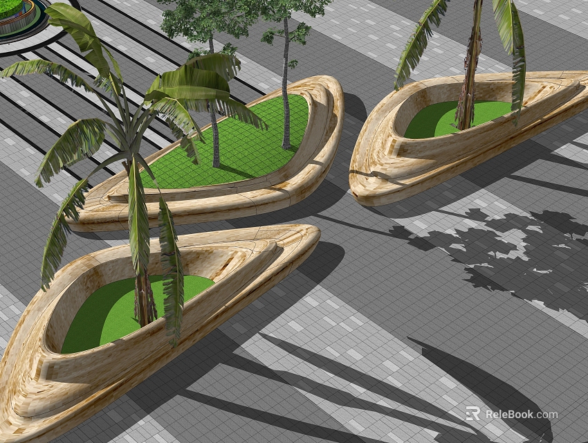 Boat Shaped Wooden Tree Planters With Green Grass And Trees On Paved Ground 3d model 