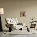 Zebra Print Leisure Chair With Floor Lamp Wall Painting Plant Trolley And Cat Figurine