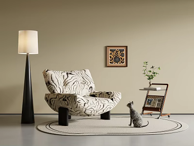 Zebra Print Leisure Chair With Floor Lamp Wall Painting Plant Trolley And Cat Figurine 3d model