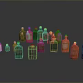 Various Sizes Colorful Glass Bottles with Cork Stoppers for Food Storage on Dark Reflective Background